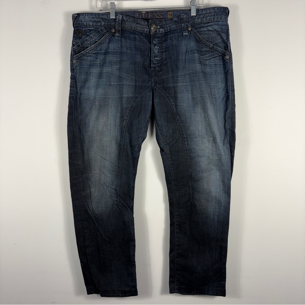 GUESS Men’s Diagonal Seam Jeans Dark Wash Slanted Arched Fit 38 *hemmed